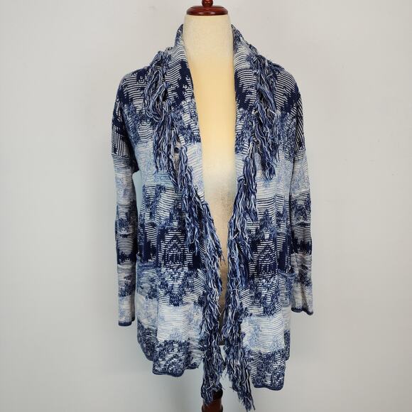 American Eagle Aztec Cardigan Size S Blue White Fringe Open Front 100% Cotton - Picture 1 of 12